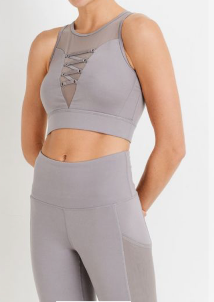 Wraparound Mesh Lace Front Sports Bra