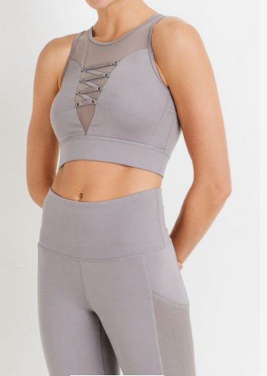 Wraparound Mesh Lace Front Sports Bra